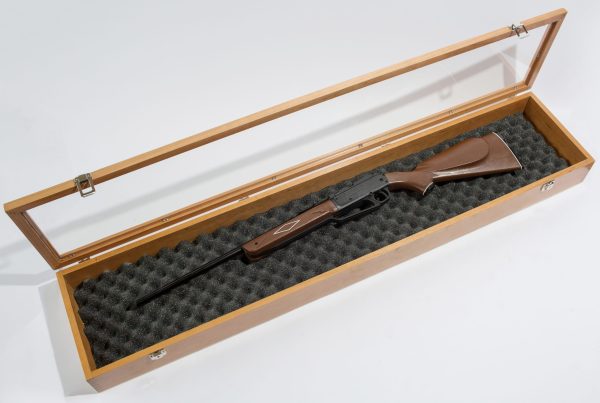 Shotgun in wooden case on white background.