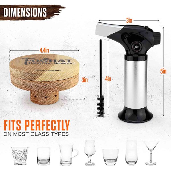 Cocktail smoker dimensions and compatibility with various glasses.