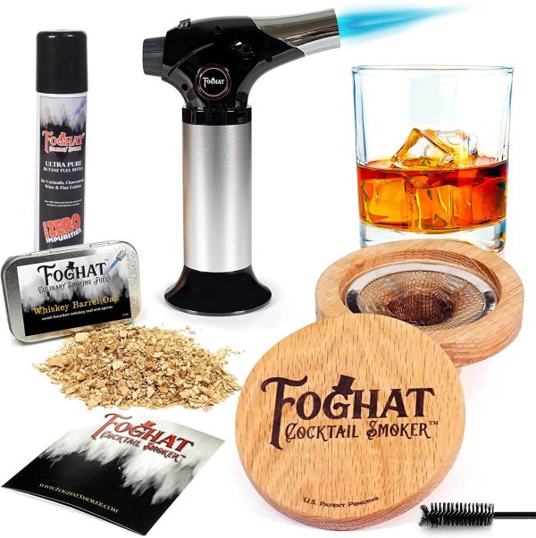 Cocktail smoker kit with torch, fuel, and whiskey chips.