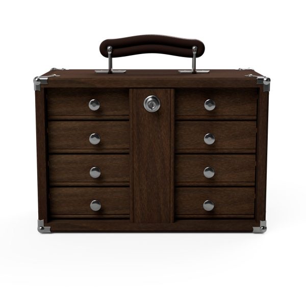 Portable wooden cabinet with multiple drawers and handle.