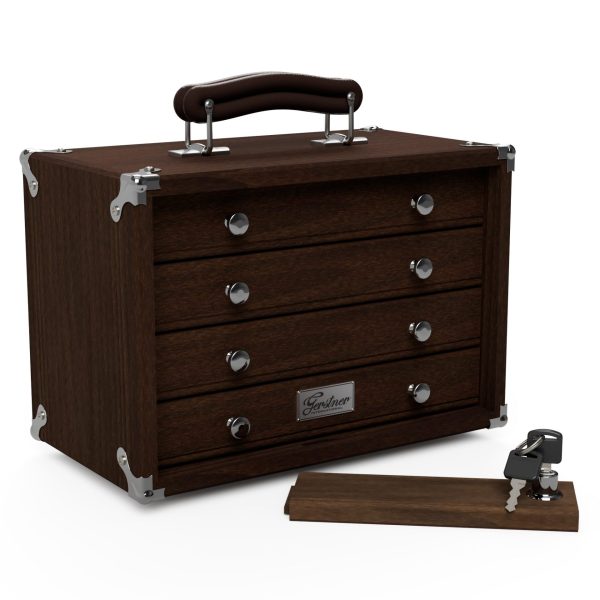 Wooden portable toolbox with drawers and lock keys.