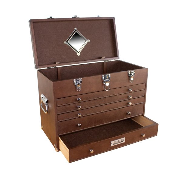 Open wooden tool chest with multiple drawers.