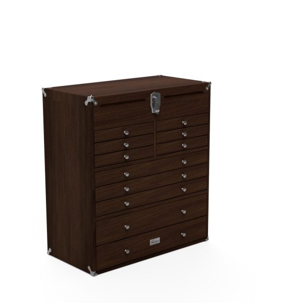 Brown wooden multi-drawer storage cabinet on white background.